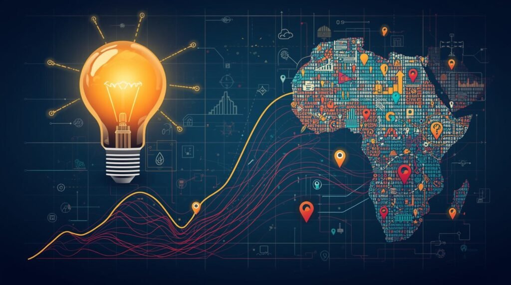 lightbulb, growth chart, or africa map with digital icons
